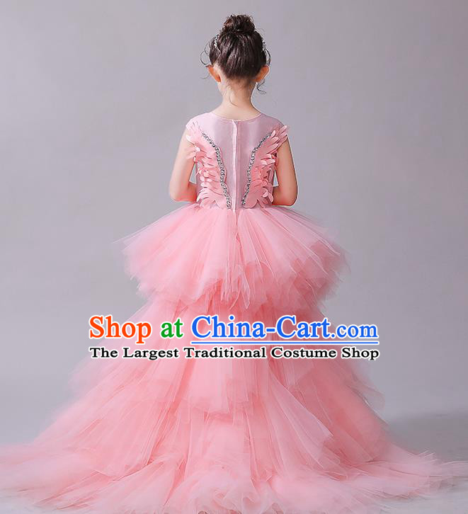 Pink Children Dress Princess Trailing Dress Girl Model Runway Clothing Playing Piano Performance Costume