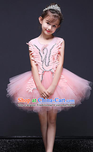 Pink Children Dress Princess Trailing Dress Girl Model Runway Clothing Playing Piano Performance Costume