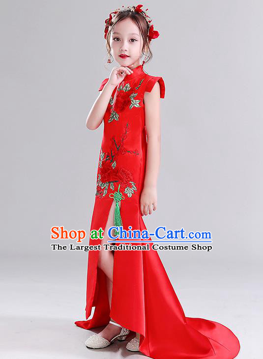 Children Clothing Chinese Style Girl Qipao Model Walking Show Fishtail Dress Host Playing Guzheng Red Performance Costume