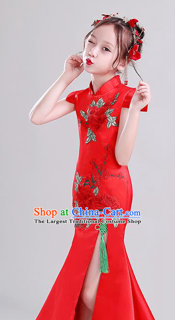 Children Clothing Chinese Style Girl Qipao Model Walking Show Fishtail Dress Host Playing Guzheng Red Performance Costume