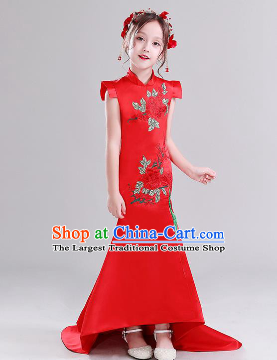 Children Clothing Chinese Style Girl Qipao Model Walking Show Fishtail Dress Host Playing Guzheng Red Performance Costume