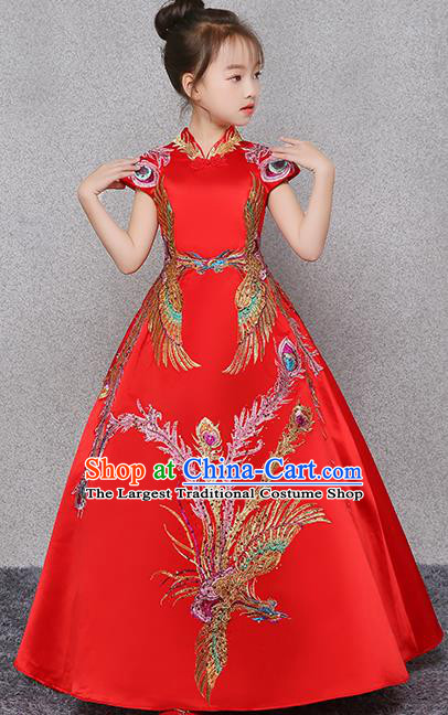 Red Children Dress Flower Children Costume Girl Princess Dress Chinese Style Model Show Performance Clothing