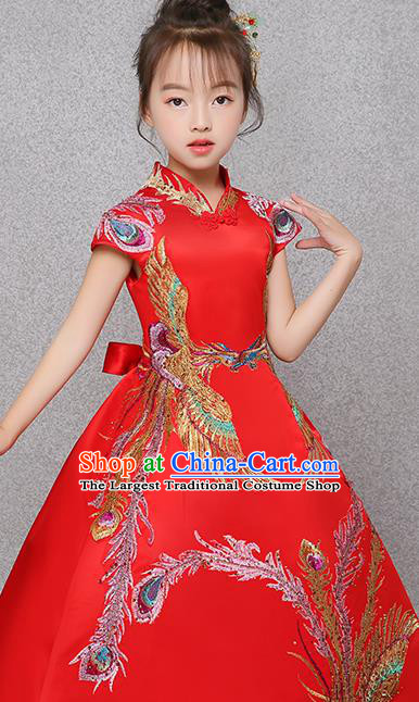 Red Children Dress Flower Children Costume Girl Princess Dress Chinese Style Model Show Performance Clothing