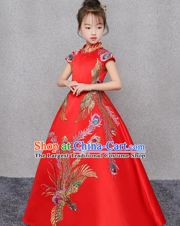Red Children Dress Flower Children Costume Girl Princess Dress Chinese Style Model Show Performance Clothing