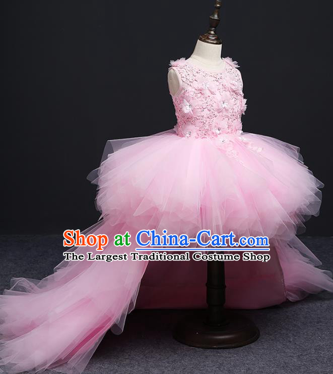 Pink Girl Evening Dress Princess Clothing Children Model Runway Piano Performance Costume Girl Birthday Host Trailing Dress