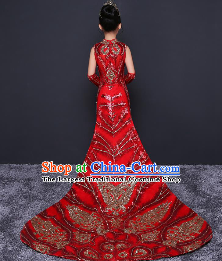 Red Children Dress Top Model Runway Evening Dress Sequined Fish Tail Costume China Spring Festival Gala Performance Clothing