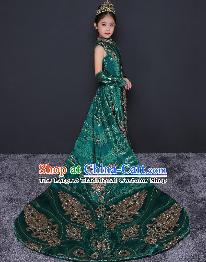 China Spring Festival Gala Performance Clothing Green Children Dress Top Model Runway Evening Dress Sequined Fish Tail Costume