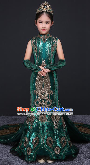 China Spring Festival Gala Performance Clothing Green Children Dress Top Model Runway Evening Dress Sequined Fish Tail Costume