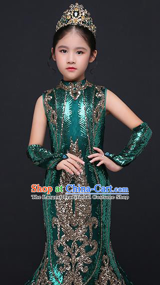 China Spring Festival Gala Performance Clothing Green Children Dress Top Model Runway Evening Dress Sequined Fish Tail Costume