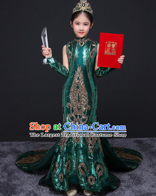 China Spring Festival Gala Performance Clothing Green Children Dress Top Model Runway Evening Dress Sequined Fish Tail Costume