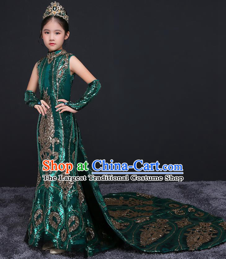 China Spring Festival Gala Performance Clothing Green Children Dress Top Model Runway Evening Dress Sequined Fish Tail Costume