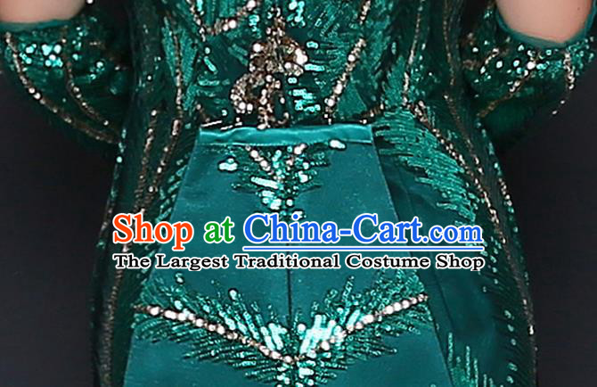 China Spring Festival Gala Performance Clothing Green Children Dress Top Model Runway Evening Dress Sequined Fish Tail Costume