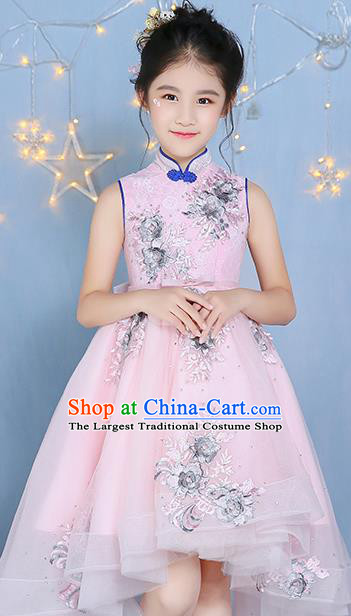 Girl Model Runway Dress Chinese Children Clothing Pink Princess Dress Piano Playing Performance Costume