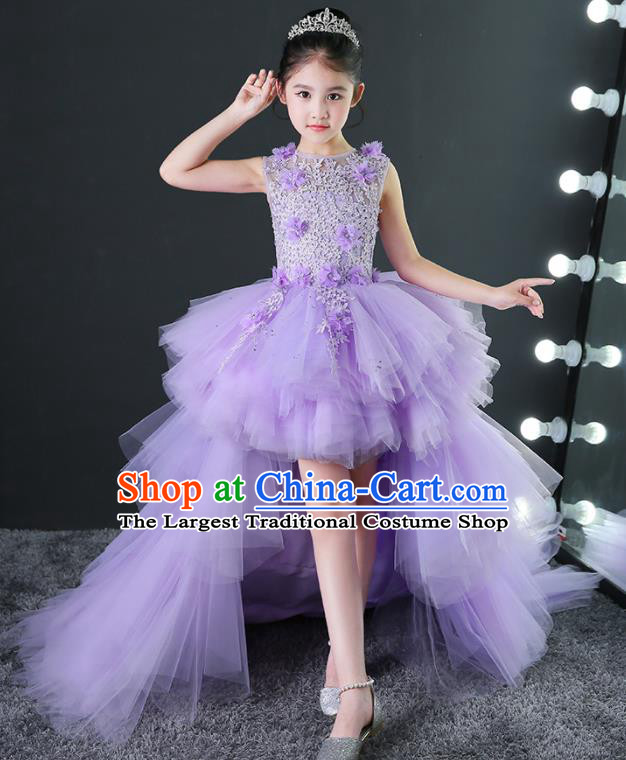 Girl Evening Dress Purple Princess Dress Model Walk Costume Fluffy Gauze Children Piano Performance Clothing