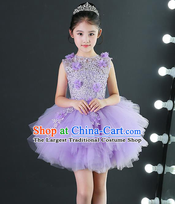 Girl Evening Dress Purple Princess Dress Model Walk Costume Fluffy Gauze Children Piano Performance Clothing