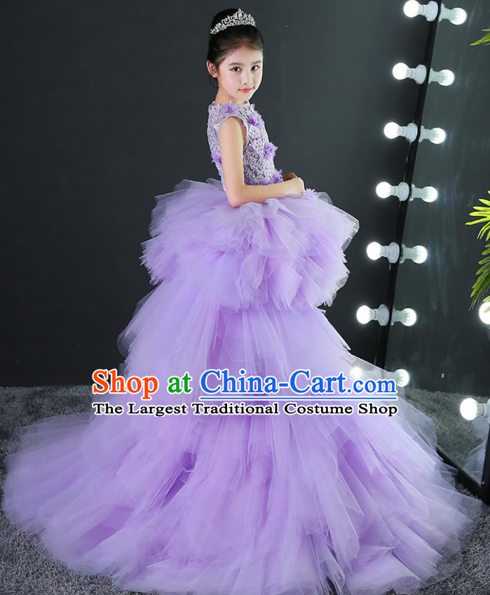 Girl Evening Dress Purple Princess Dress Model Walk Costume Fluffy Gauze Children Piano Performance Clothing