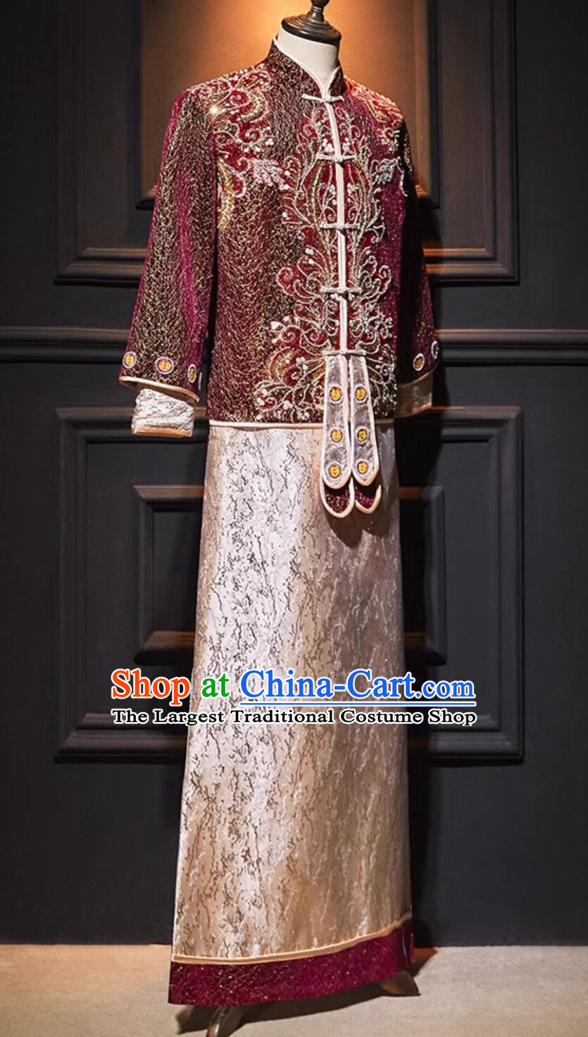 Chinese Ancient Groom Clothing Traditional Wedding Male Outfit Tang Suit Embroidered Mandarin Jacket and Long Robe Complete Set