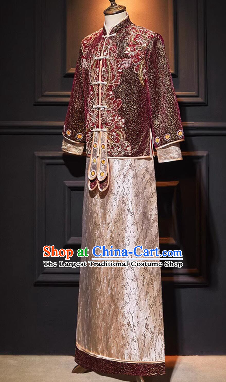Chinese Ancient Groom Clothing Traditional Wedding Male Outfit Tang Suit Embroidered Mandarin Jacket and Long Robe Complete Set