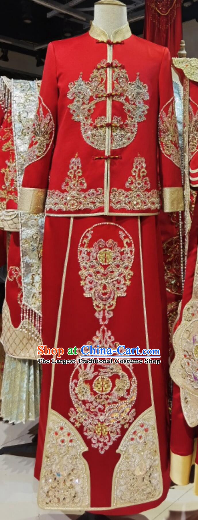 Chinese Tang Suit Embroidered Beads Mandarin Jacket and Long Robe Ancient Groom Clothing Traditional Wedding Male Outfit