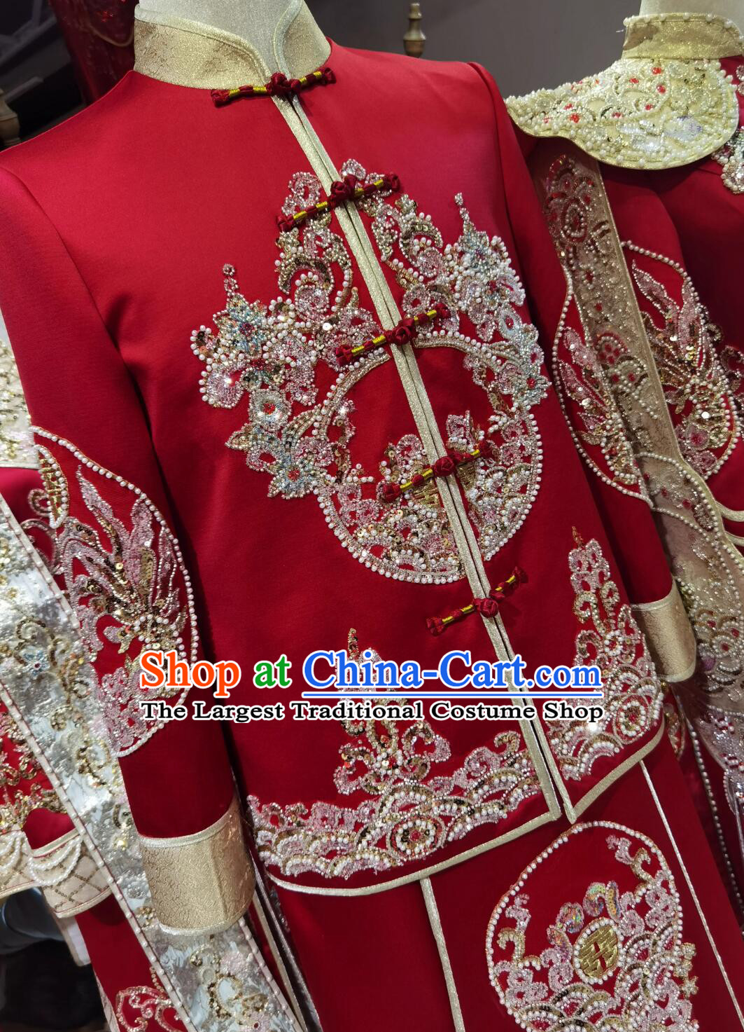 Chinese Tang Suit Embroidered Beads Mandarin Jacket and Long Robe Ancient Groom Clothing Traditional Wedding Male Outfit