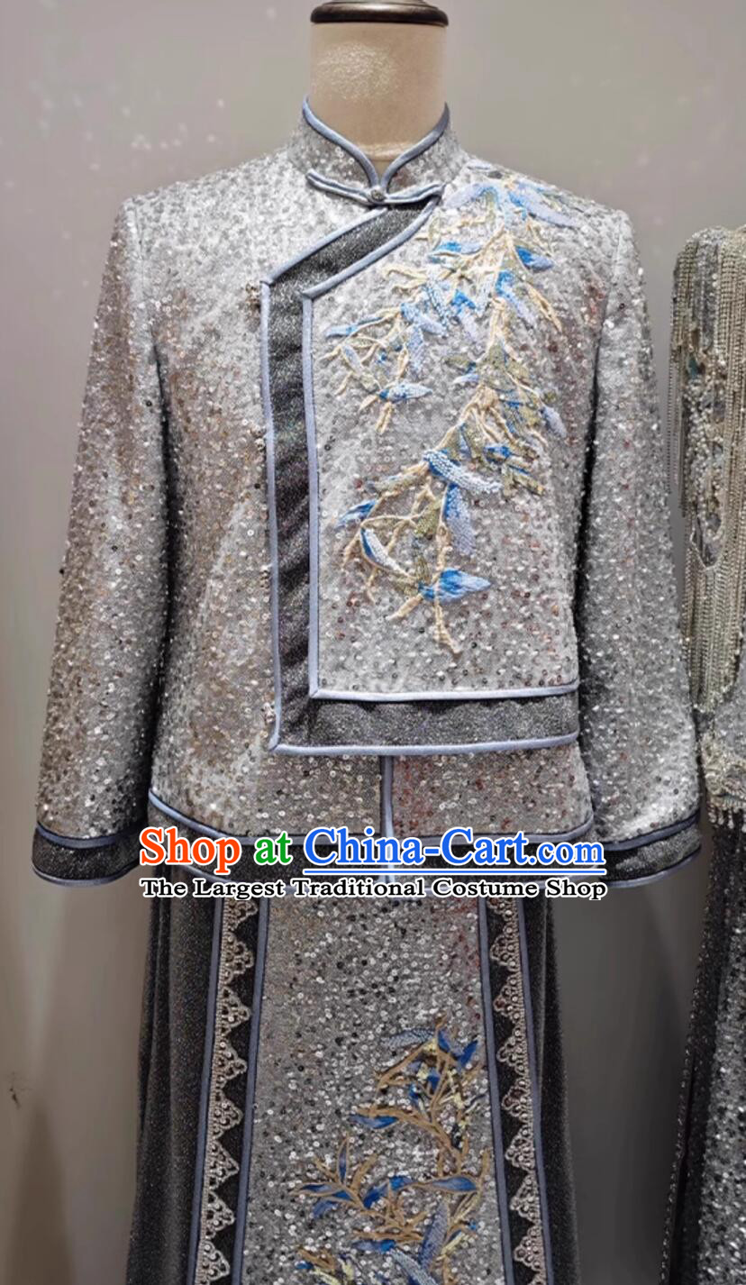 Chinese Traditional Wedding Male Grey Outfit Tang Suit Embroidered Mandarin Jacket and Long Robe Ancient Groom Clothing
