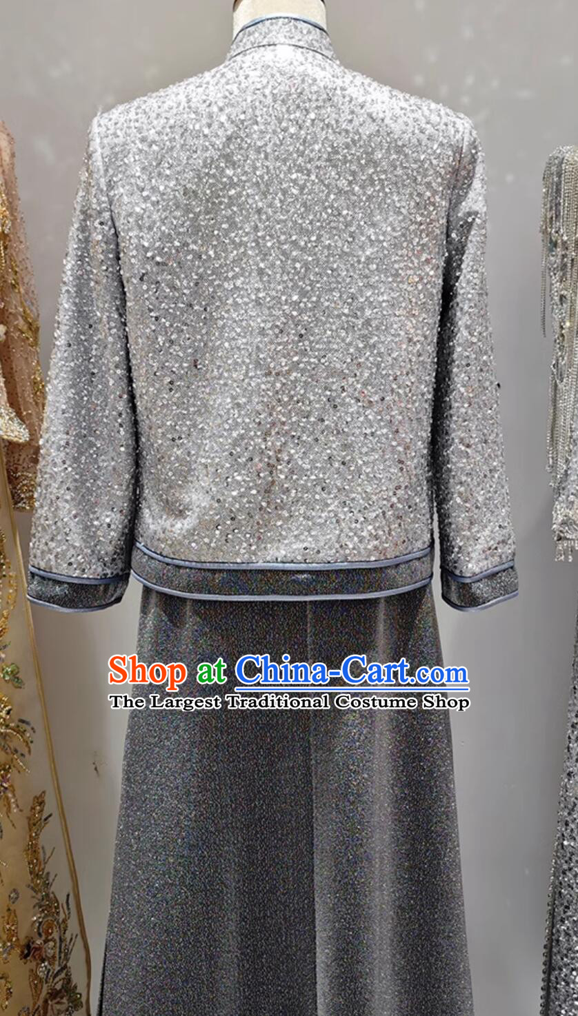 Chinese Traditional Wedding Male Grey Outfit Tang Suit Embroidered Mandarin Jacket and Long Robe Ancient Groom Clothing