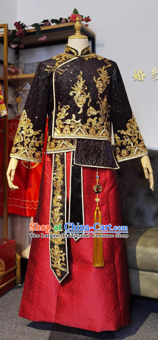 Ancient Chinese Groom Clothing Traditional Wedding Male Outfit Tang Suit Embroidered Black Mandarin Jacket and Red Long Robe