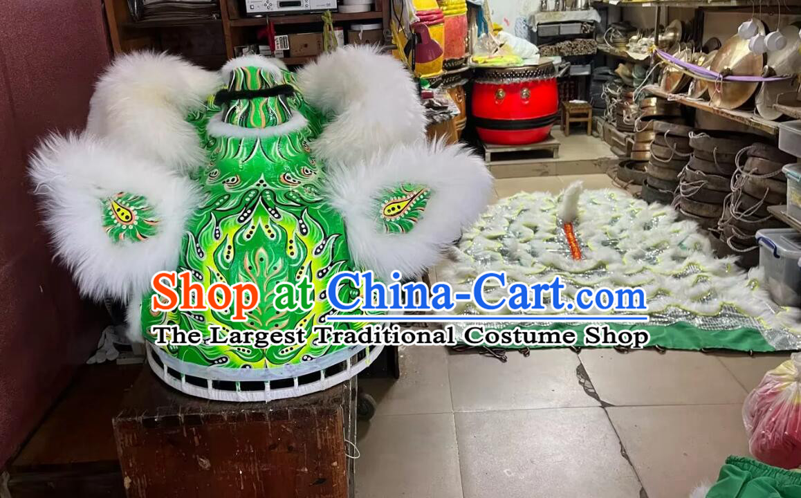 China Fut San Dancing Lion Chinese White Wool Lion Dance Equipment Online Shop Traditional Handmade Green Lion Costume Complete Set