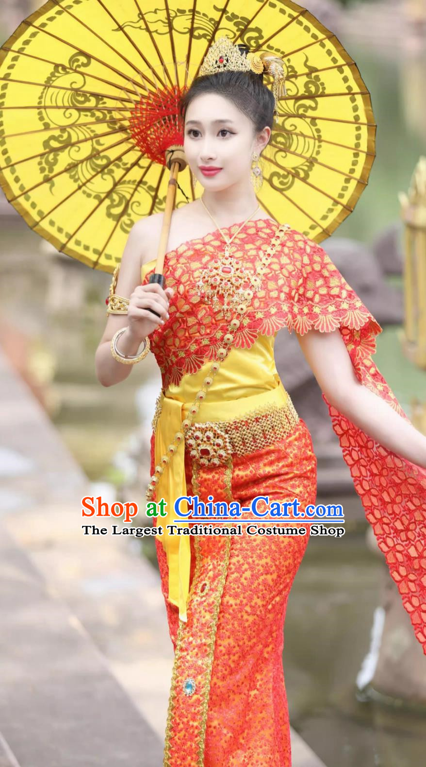 Thailand Traditional Embroidered Costume Bride Red Uniform Thai Clothing Women Set