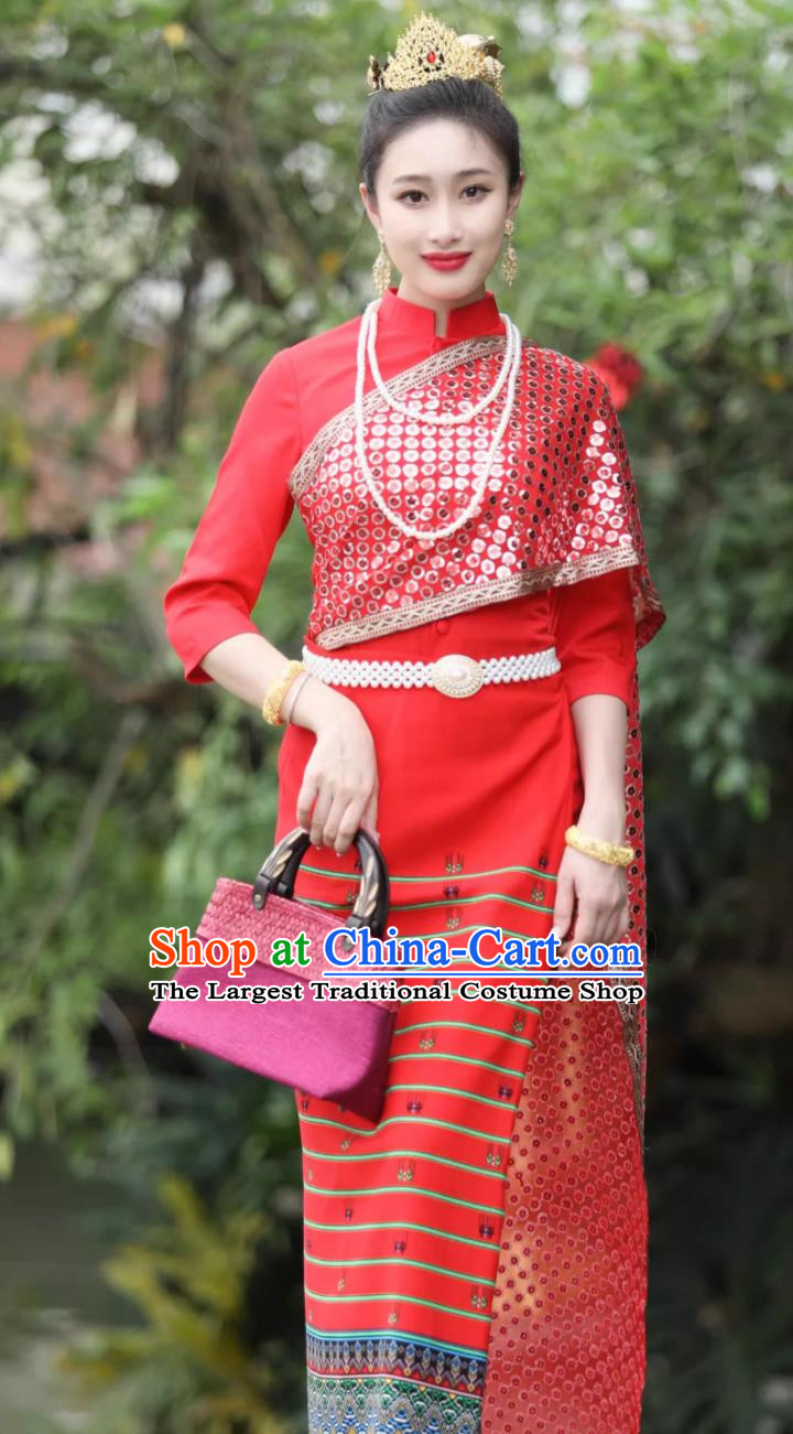 Thai Women Set Dai Nationality Red Blouse And Skirt Work Uniform Thailand Traditional Costume