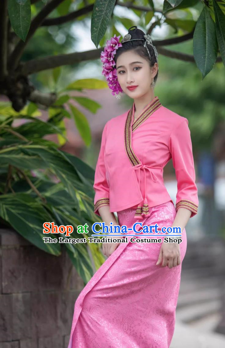 Water Sprinkling Festival Uniform Thailand Traditional Costume Thai Women Clothing Dai Nationality Pink Blouse and Skirt Set