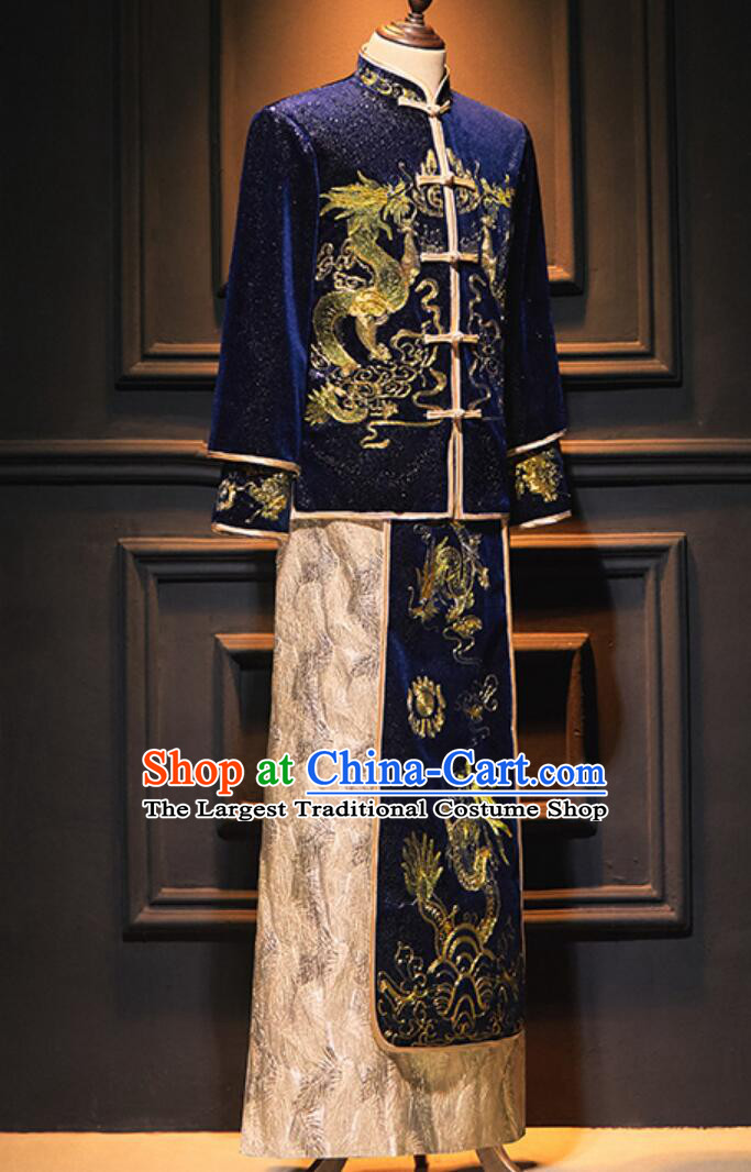 Chinese Tang Suit Traditional Wedding Attire Groom Dark Blue Mandarin Jacket and Long Gown Complete Set