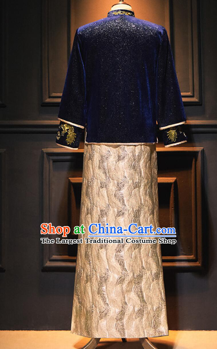 Chinese Tang Suit Traditional Wedding Attire Groom Dark Blue Mandarin Jacket and Long Gown Complete Set