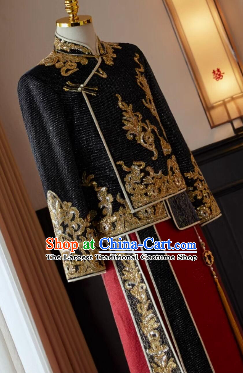 Chinese Black Mandarin Jacket and Long Gown Male Xiuhe Suit Traditional Wedding Groom Attire Complete Set