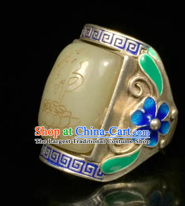 Chinese Qing Dynasty Jade Carving Ring Ancient China Classic Jewelry Silver Finger Ring