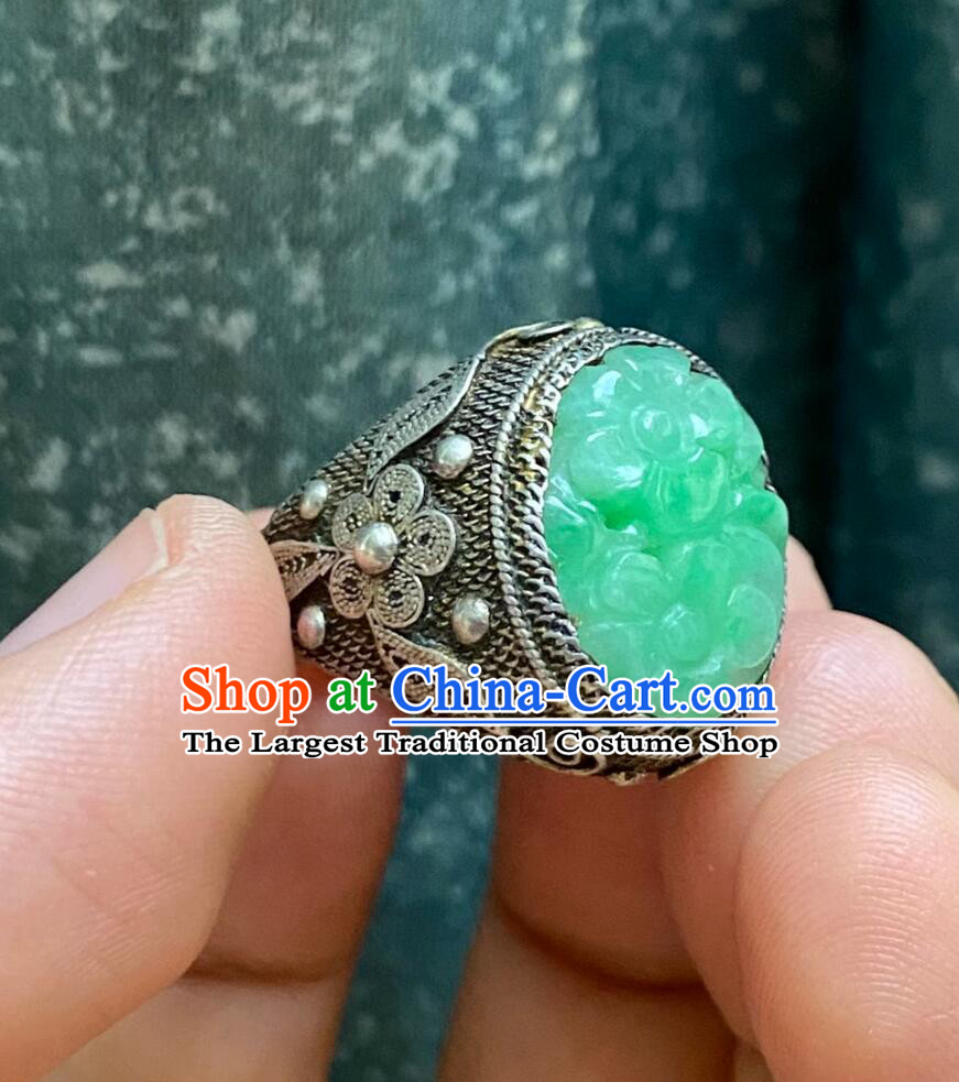China Classic Jewelry Silver Finger Ring Ancient Chinese Qing Dynasty Jadeite Carving Plum Ring