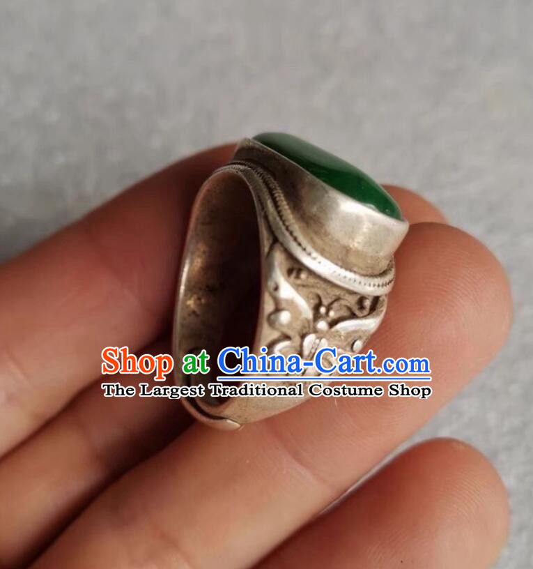 Chinese Qing Dynasty Chrysoprase Ring Ancient China Jewelry Argentan Finger Ring