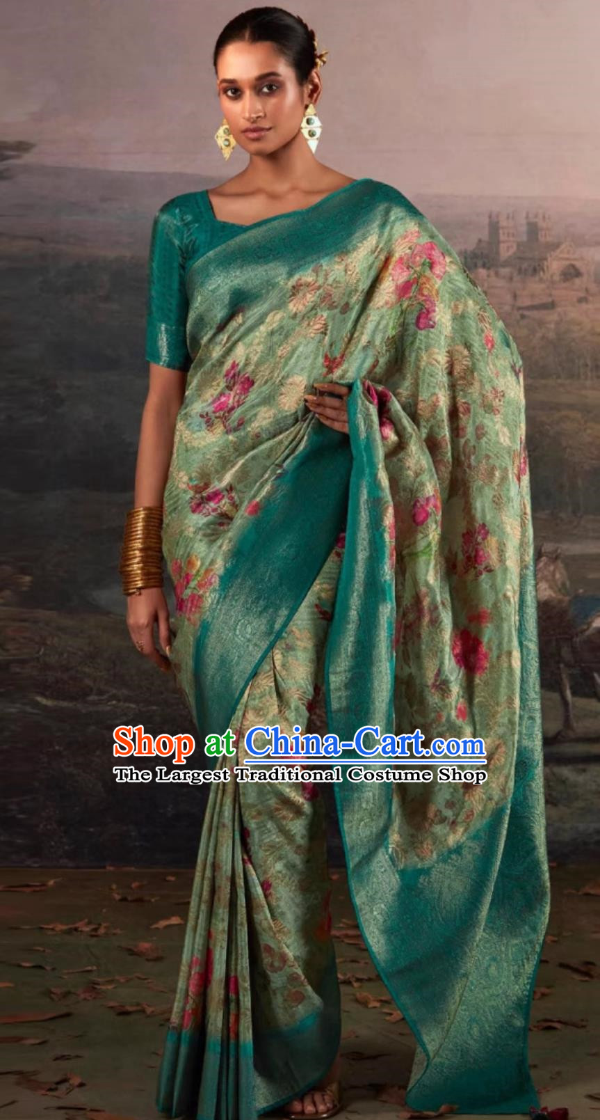 Indian Traditional Costume Green Sari India National Women Clothing
