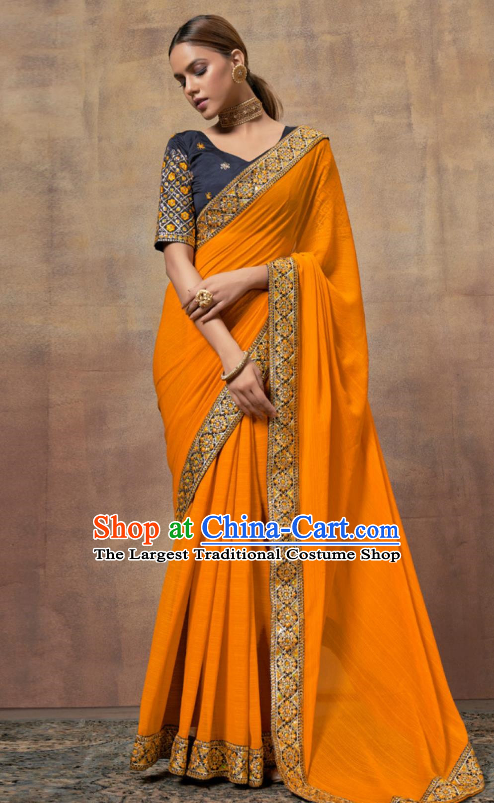 India National Clothing Traditional Indian Women Sari Orange Slimming Blouse and Wrap Skirt