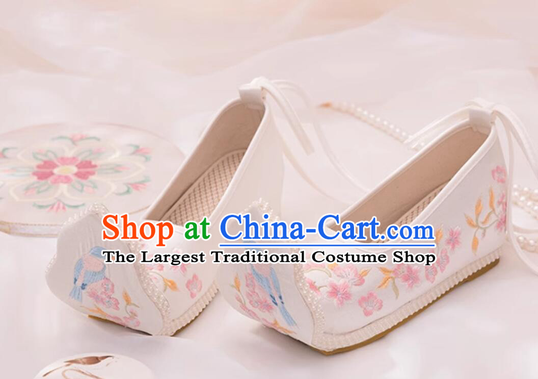China Embroidered Flower Bird Shoes Ancient Princess Shoes Han Dynasty Women Shoes Traditional White Hanfu Shoes