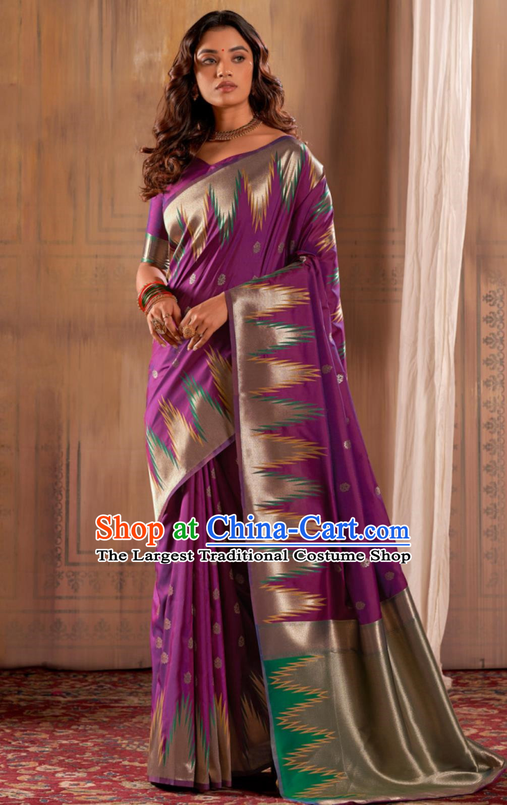 India Festival Fashion Indian Traditional Court Women Deep Purple Sari Dress National Clothing