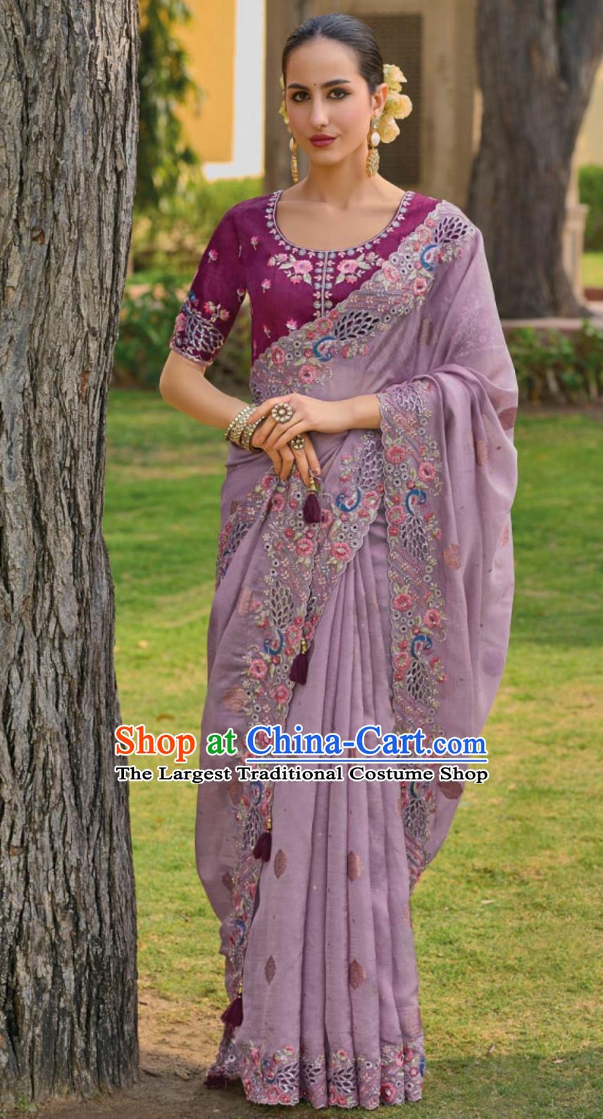 India National Clothing Indian Traditional Festival Fashion Women Embroidered Violet Sari Dress