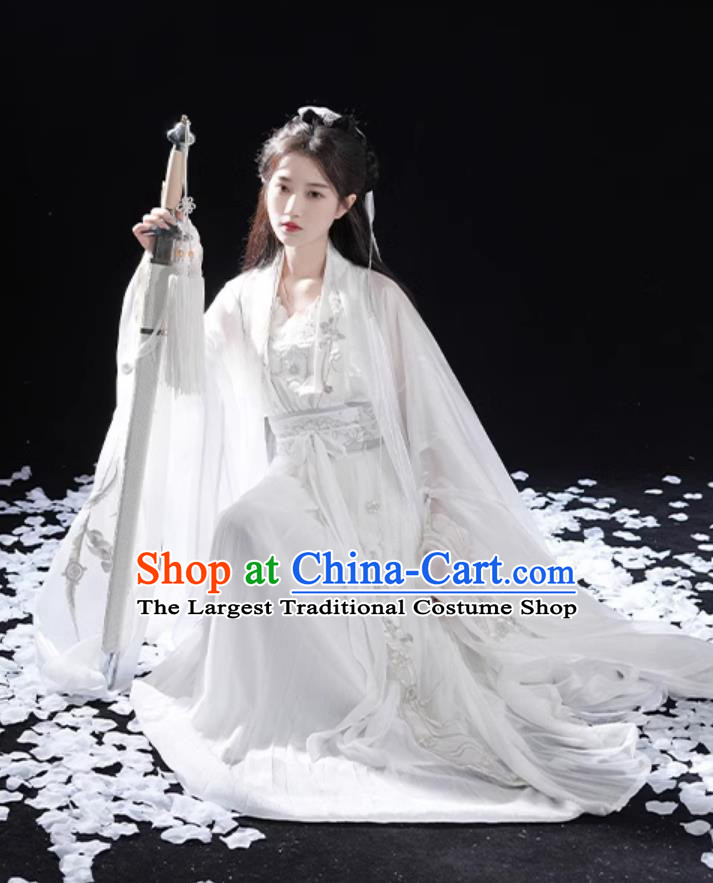 China Wuxia Swordswoman Clothing Ancient Super Heroine Costume Traditional White Hanfu Dress