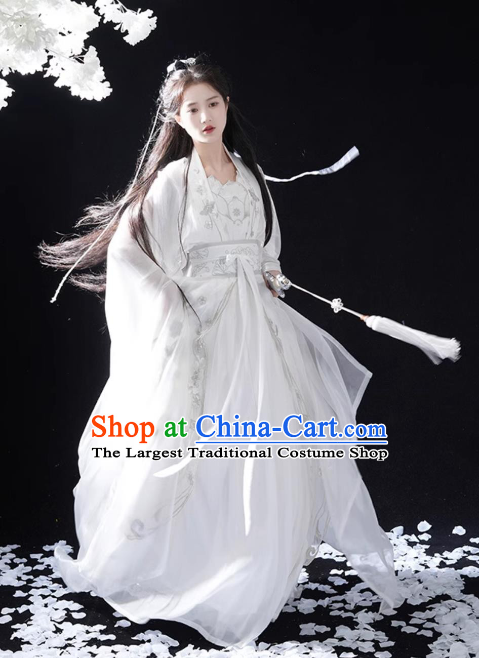 China Wuxia Swordswoman Clothing Ancient Super Heroine Costume Traditional White Hanfu Dress