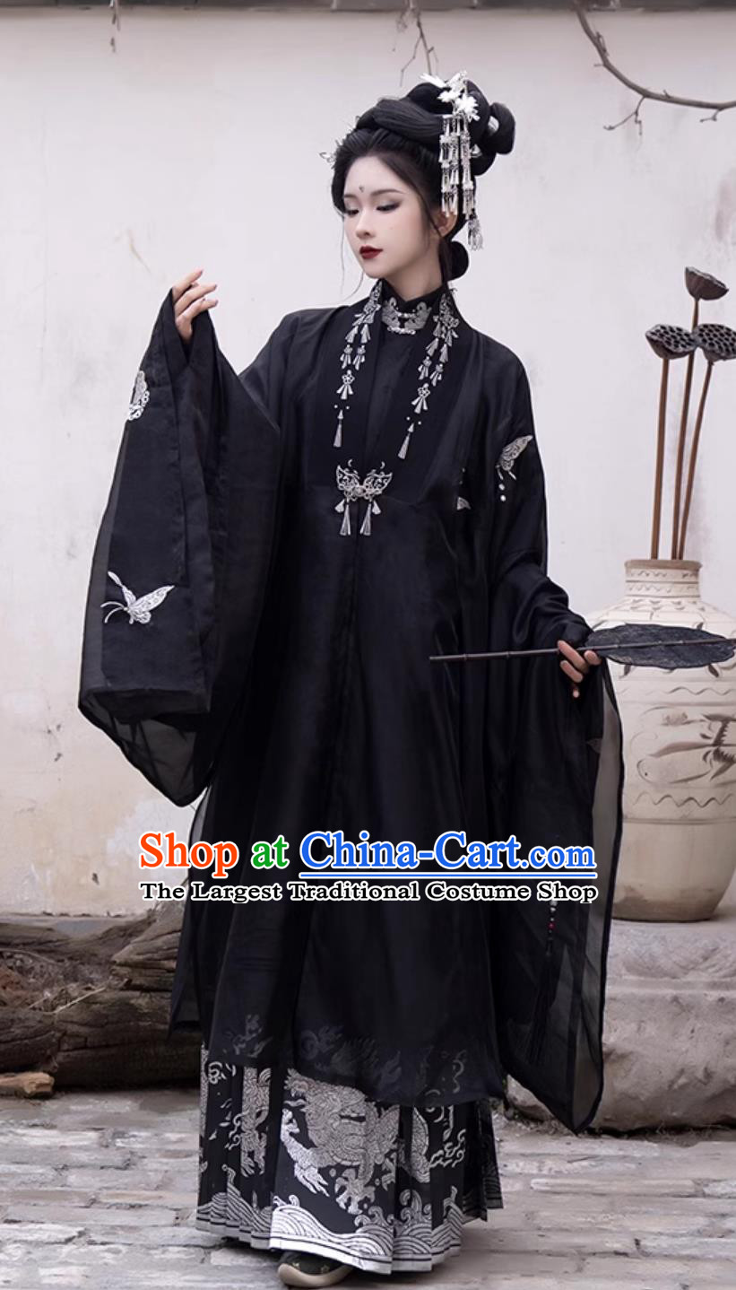 China Ancient Noble Woman Costumes Traditional Black Hanfu Dress Ming Dynasty Royal Mistress Clothing