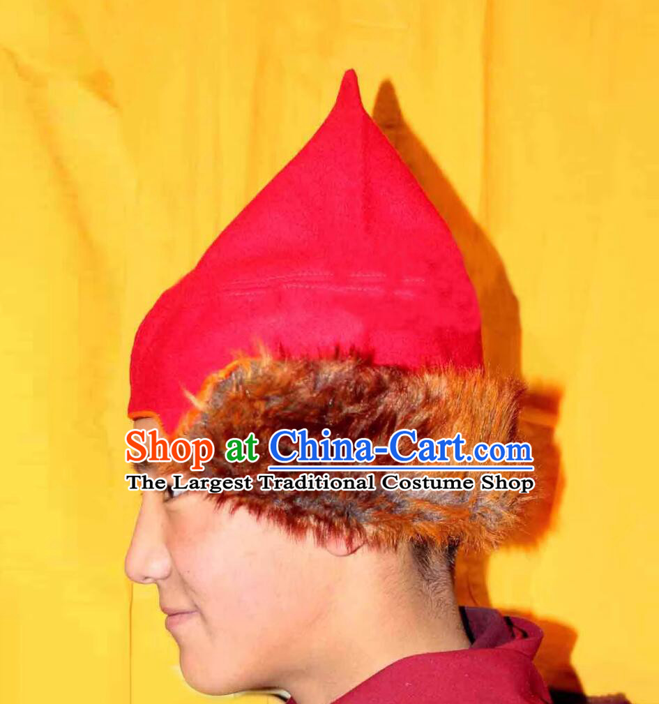 Traditional Tibetan Monk Red Woolen Hat Handmade Xizang Lama Headwear