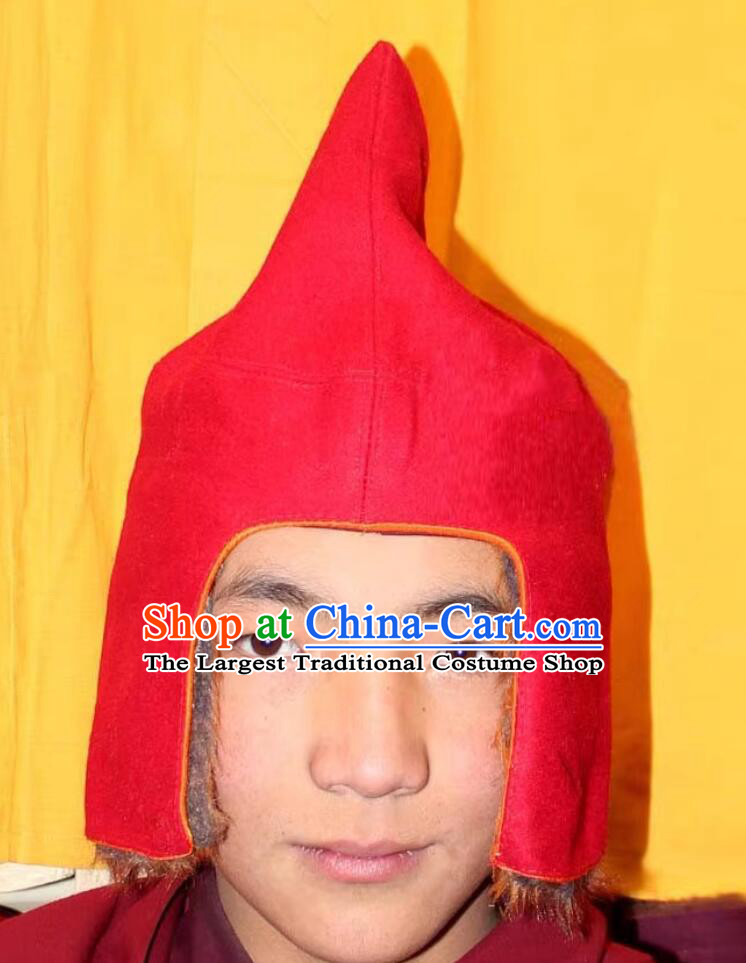 Traditional Tibetan Monk Red Woolen Hat Handmade Xizang Lama Headwear