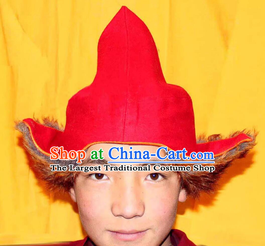 Traditional Tibetan Monk Red Woolen Hat Handmade Xizang Lama Headwear