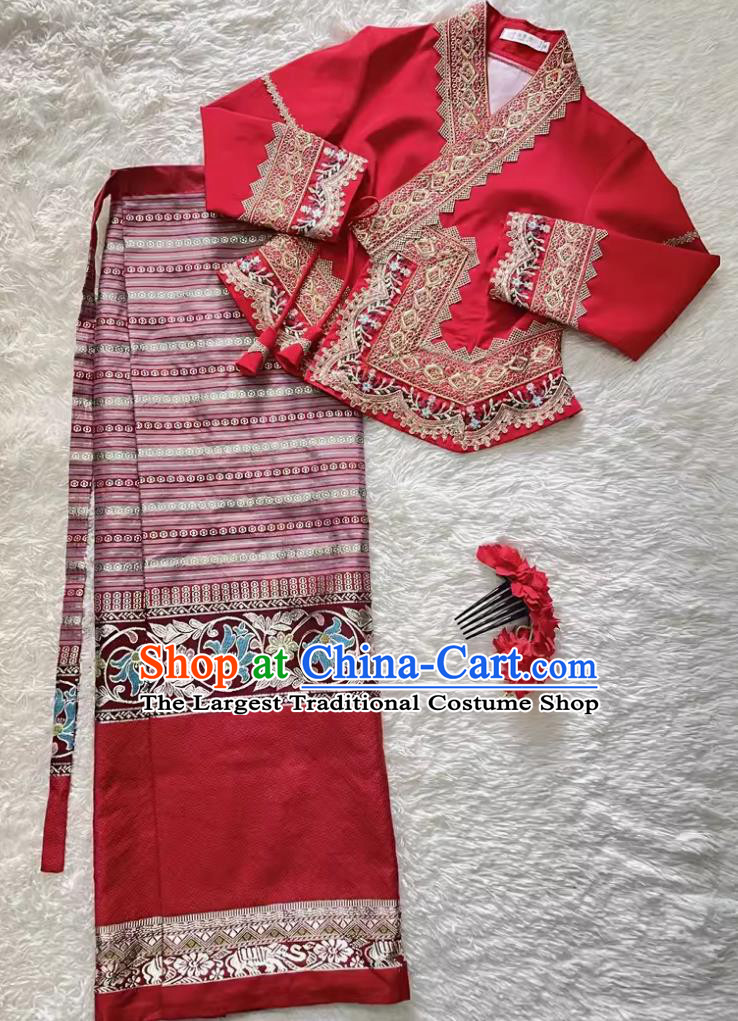 China Xishuangbanna Dai Ethnic Clothing Thailand Design Red Wedding Dress Southeast Asia Style