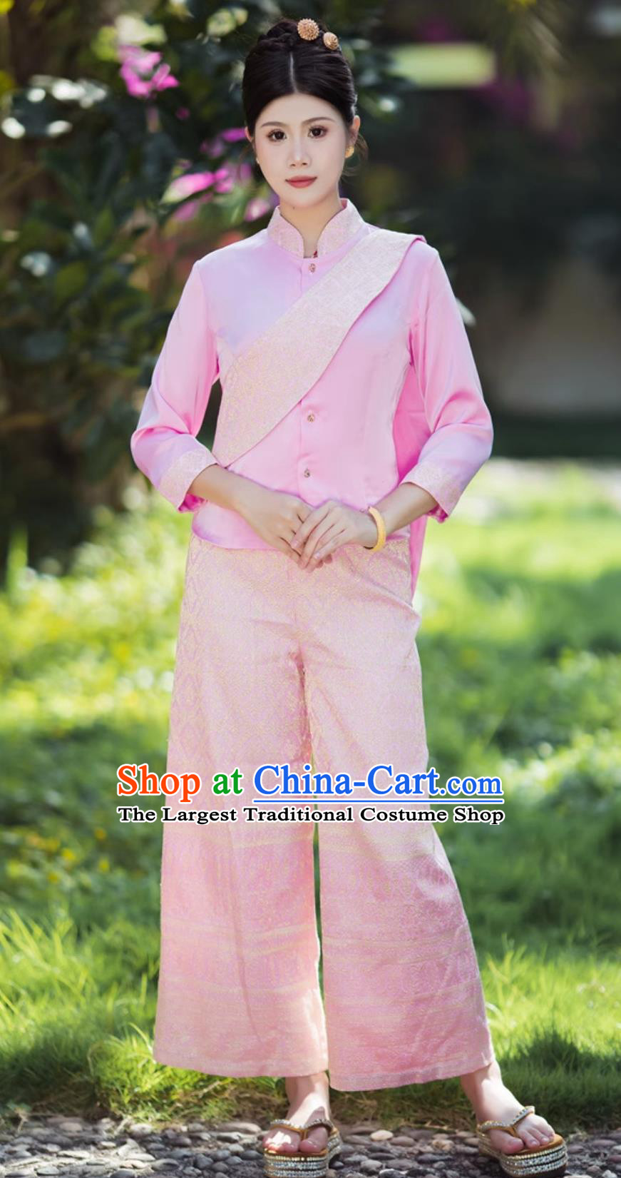 Thailand Shirt and Pants Pink Set Thai Style Work Clothes China Xishuangbanna Clothing